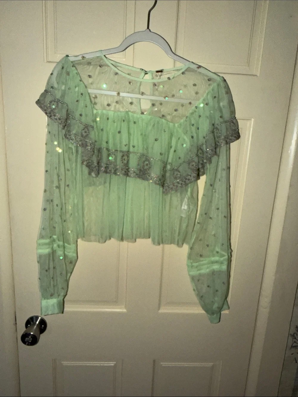 Free People Mint Sheer Sequin Ruffle Blouse